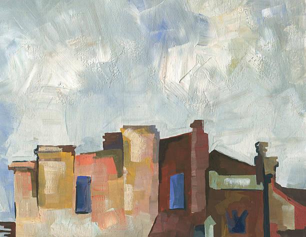 An original painting depicting building facades. A hand-drawn illustration of a modern city.