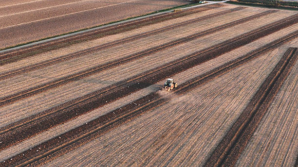 istock Tractor plowing agricultural fields in Po Valley, Italy during late summer 2246822446