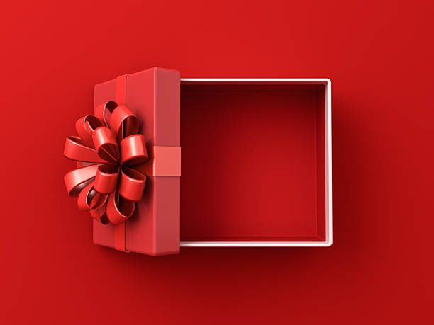 istock Top view of blank red gift box open or opened red present box with white edge and red ribbon bow isolated on dark red background with shadow minimal conceptual 3D rendering 2246824347