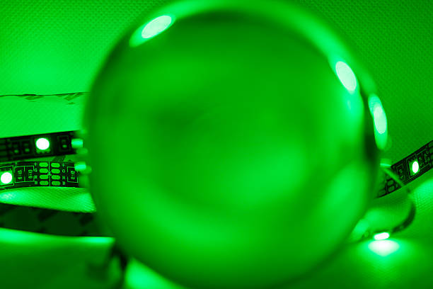 Abstract image. Photographed sphere illuminated from behind by the green light of an LED glowing strip.