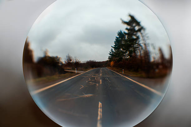 Landscape photographed through a glass sphere. Forest around the road.