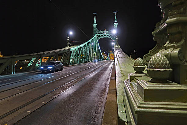 Budapest, Hungary, October 27, 2025.  Illuminated Liberty (Green) Bridge over the River Danube.  Close up. Winter autumn wet night outdoors