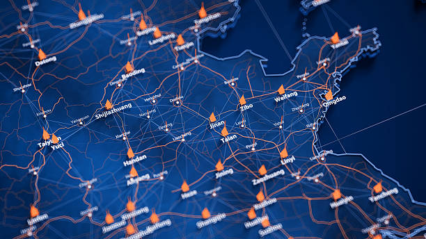 istock Jinan map big data visualization. Futuristic map infographic of city in China. Visual map data complexity in modern blue and orange colors 2246835733