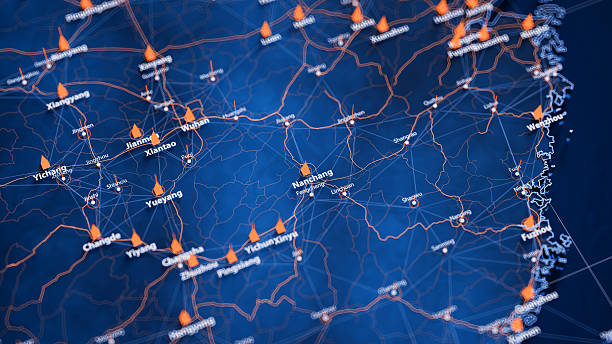 istock Nanchang map big data visualization. Futuristic map infographic of city in China. Visual map data complexity in modern blue and orange colors 2246835784