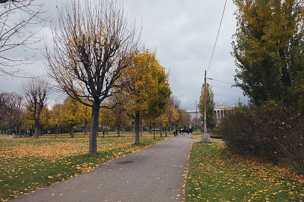 A paved path leads through a park with trees displaying vibrant autumn colors, creating a serene atmosphere
