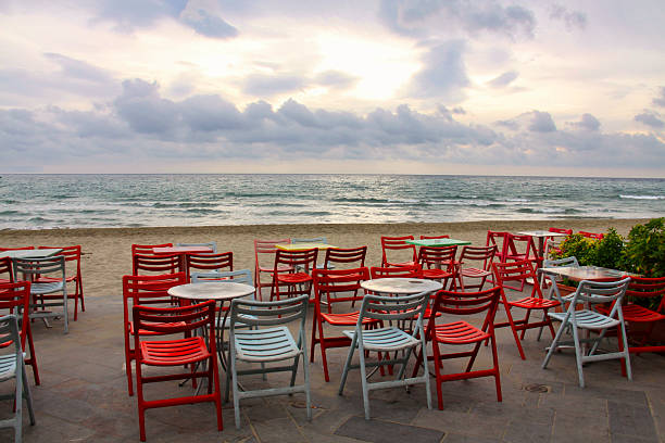 istock Albenga, Liguria, Italy, 01-11-2013 Description: Empty Beach Tables and Chairs on the Mediterranean Coast at Sunset 2246841012