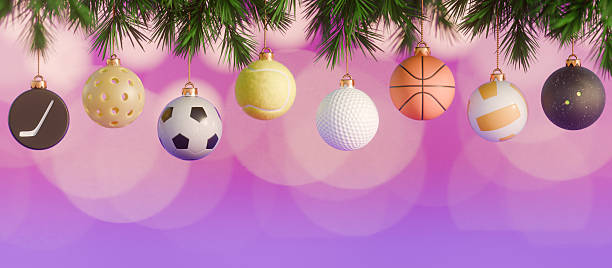 Sports themed christmas ornaments hanging from pine branches. 3d rendering