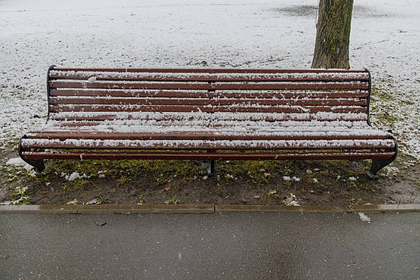 Wooden park bench sits quietly in snowy setting, inviting passersby to rest