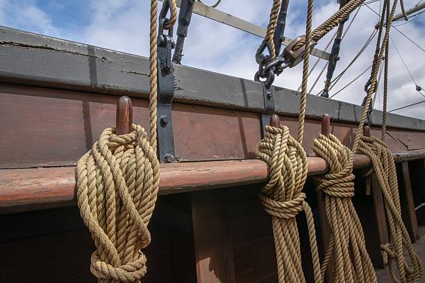 Ropes at the deck aboard an antique sailing boat at Bremerhaven Schleswig Holstein