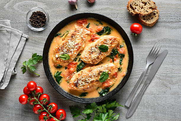 istock Chicken breast in creamy sauce with tomatoes and spinach on plate 2246854953