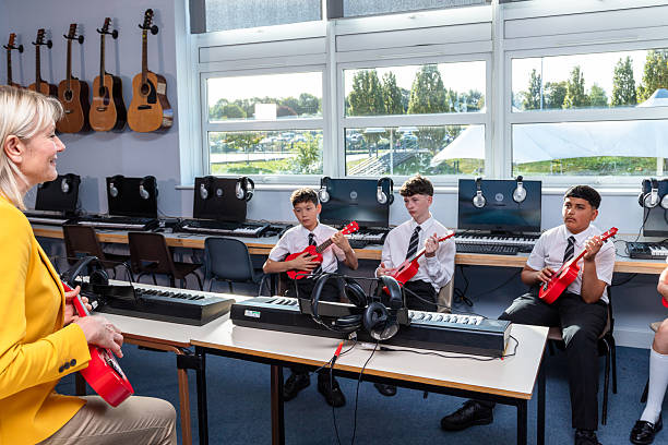 istock Secondary school class holding ukuleles, watching the teacher in a music lesson 2246856334