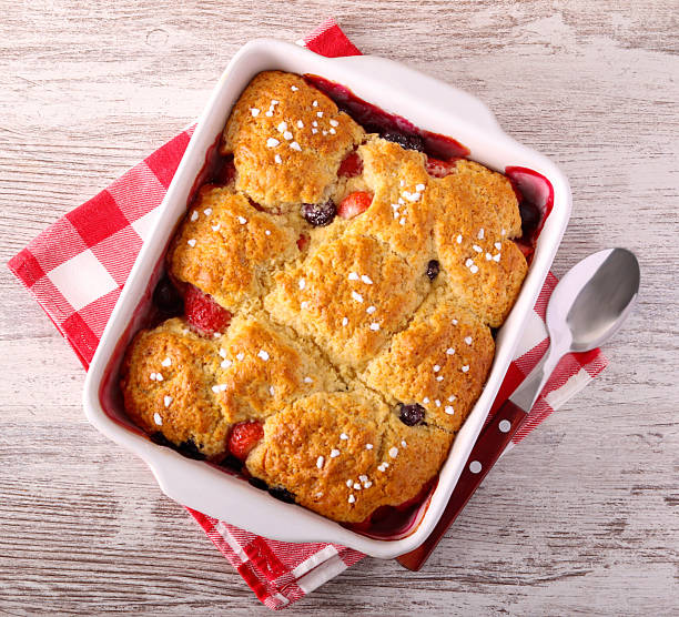 Mixed berry cobbler in a tin