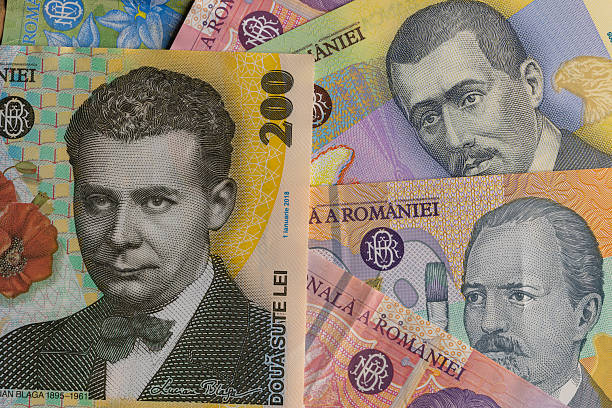 istock Close Up Full Frame Background of Mixed Romanian Leu Banknotes 2246857322
