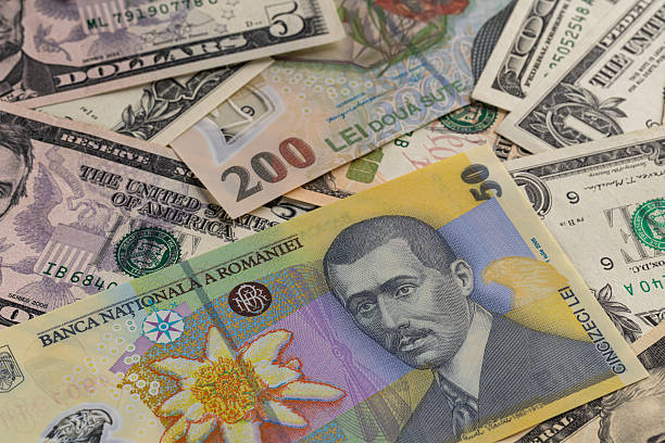 istock Full Frame Background of Mixed Romanian Leu and US Dollar Banknotes 2246857556