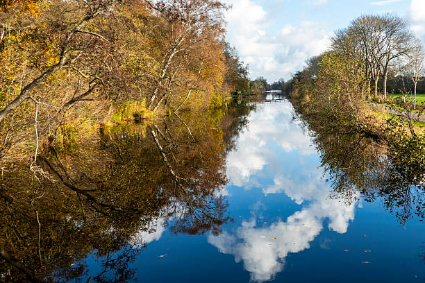 Image of a polder landscape near Nieuwkoop and Noorden in The Netherlands with trees and grass along a canal.