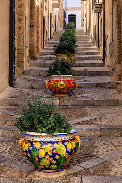 istock Colorful ceramic pots on a historic staircase in Cefalu, Sicily 2246859983