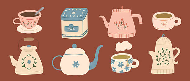 istock Cozy autumn hand drawn tea set with cute cups and teapots. Fall and winter hot drinks. Seasonal warm beverages. Vector flat illustration. 2246861882
