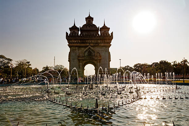 View of the fountain of Patuxai at sunset, Vientiane, Laos
