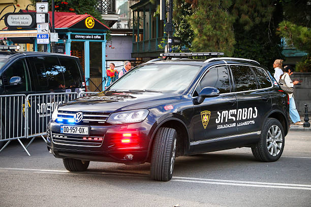 Tbilisi, Georgia - September 20, 2025: Police crossover car Volkswagen Touareg (7P) in the city street.