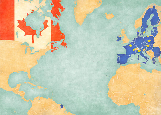 European Union and Canada on the map of North Atlantic Ocean in soft grunge and vintage style, like old paper with watercolor painting.