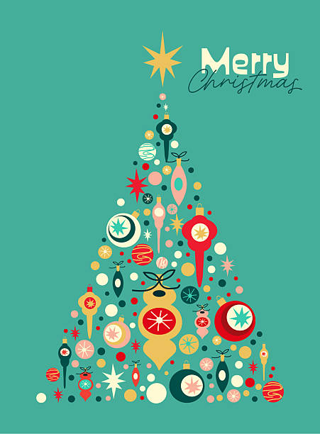 Vector illustration of a Vintage Merry Christmas Tree shape Greeting in Retro MCM Mid century style with decorated with retro bauble ornaments.  Download includes vector eps and high resolution jpg.
