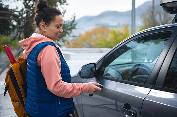 istock Young Woman With Backpack Unlocking Car Using Key Fob Outdoors Near Mountains 2246873490