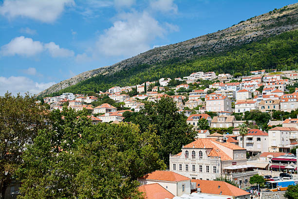 Elevated vantage point depicting narrow streets and orange tiled rooftops of the ancient city of Dubrovnik, Croatia.
