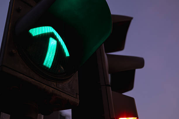 istock green arrow illuminated on a traffic light at dusk, symbolizing direction, progress, permission, and safety. focus on the glowing signal. 2246882954
