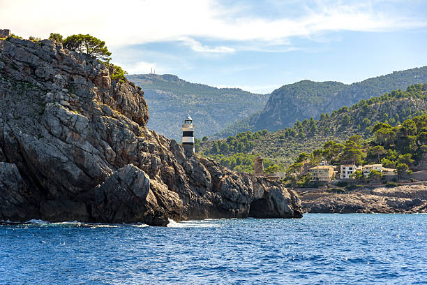 Striking view of the Port de Soller lighthouse perched on rocky cliffs overlooking the deep blue Mediterranean sea surrounded by mountains and pine forests in Mallorca, Spain