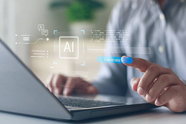 istock AI generation technology concept with person typing on laptop, surrounded by digital AI icons, artificial intelligence tools for daily content creation and productivity. Unlock work potential with AI. 2246883802