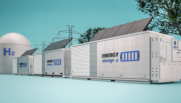 istock Alternative energy concept with group of energy storage systems or battery container units with various sources of energy 2246884600