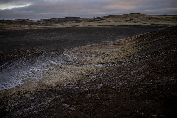 Icelandic landscape with fumaroles and mud on the ground