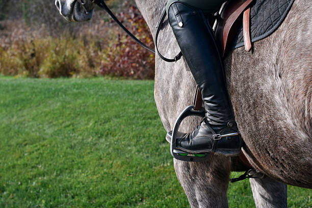 Equestrian leg in stirrup, riding attire, close-up. Dressage. Horseback riding school background.