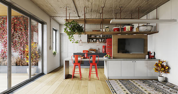 istock Bright Modern Open-Plan Kitchen with Red Bar Stools, Balcony Ivy Wall, and Industrial Ceiling 2246889128