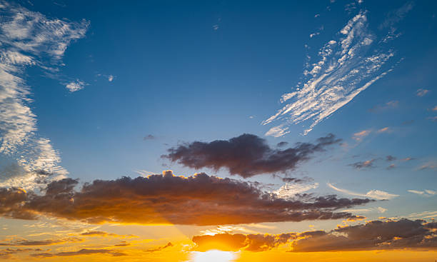 istock Sunrise sky background. Dramatic scenery sunset. Sky with clouds in Sunrise sky light background. Sunrise with clouds in various shapes. Calm Sunrise sky and sun through clouds over. 2246890512