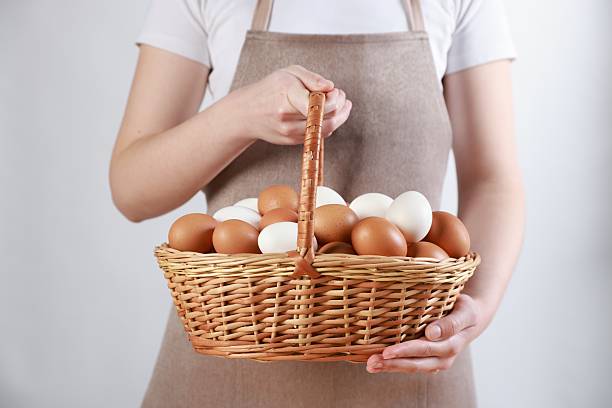istock Woman with basket of eggs on light background, closeup 2246897206