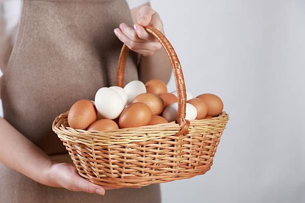 istock Woman with basket of eggs on light background, closeup. Space for text 2246897240