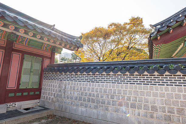 Colorful traditional Korean architecture with detailed roof and wooden doors beside stone wall. Autumn trees with yellow leaves in background. Historic cultural site in fall season.