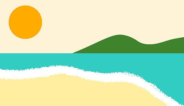 Minimalist Tropical Beach Landscape Illustration. ​Flat Design Sunset at the Ocean. ​Simple Geometric Summer Seascape. ​Modern Abstract Beach and Mountain View