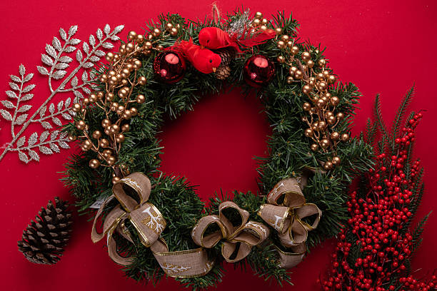 istock Festive Christmas decor on vibrant red background 2246901333