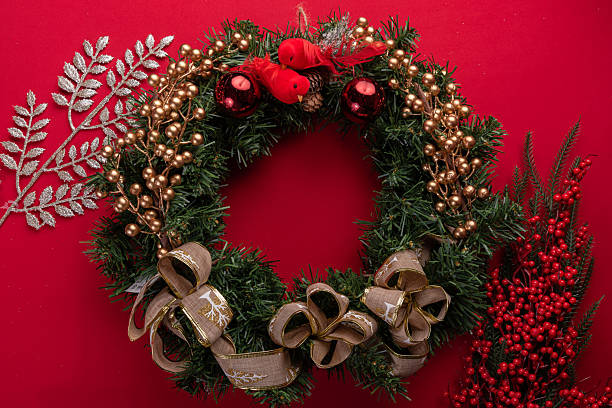 istock Festive Christmas decor on vibrant red background 2246901444