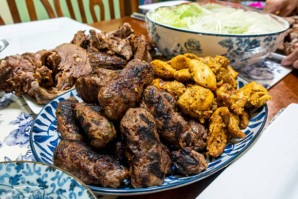 istock Freshly prepared BBQ marinated ground beef (Kafta), Tumeric Chicken and Roast Lamb Slices 2246905733