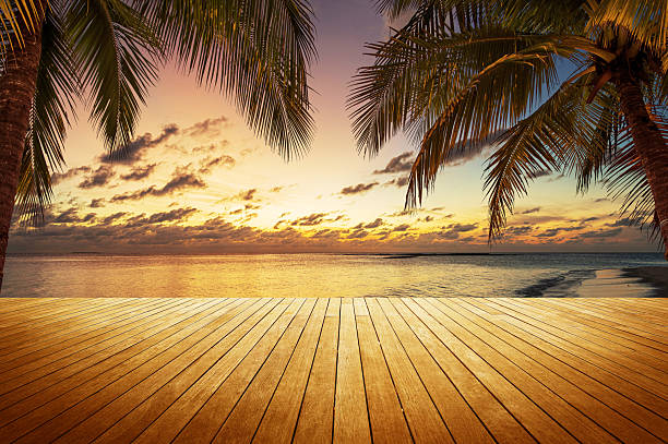istock Empty wooden terrace beside tropical sunset beach 2246906686
