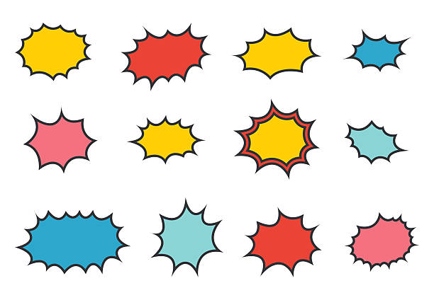Collection of vibrant empty comic speech bubble stickers featuring clouds, stars, and halftone textures on a transparent backdrop