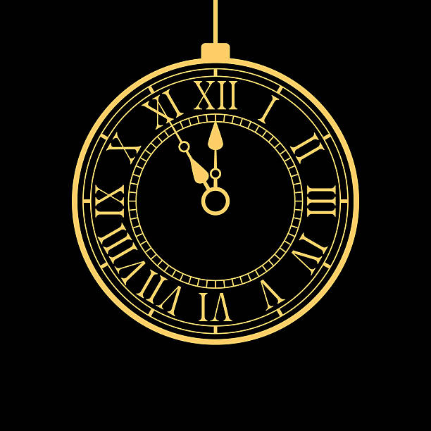 istock new year golden christmas baubles with midnight time vintage clock, vector holiday card with black background 2246907913