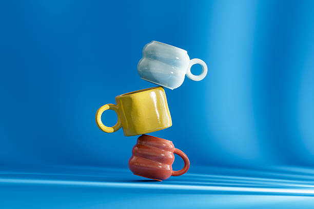 Balance and Stability Concept with Mugs. Digitally generated image. 3d render.