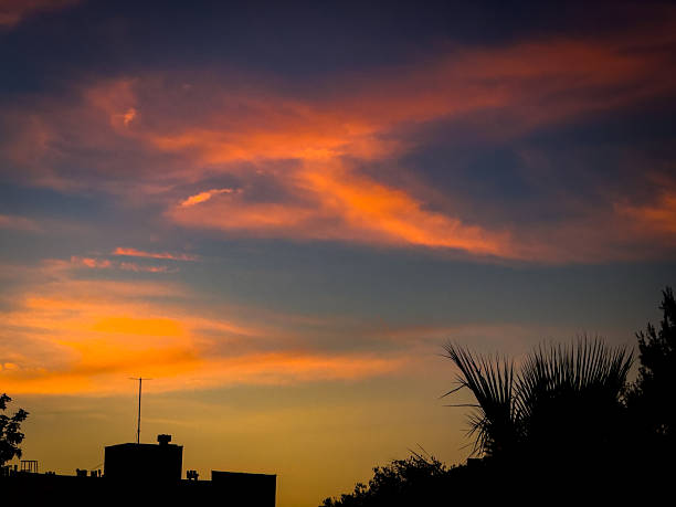 Vibrant orange and pink clouds illuminate the sky during sunset, creating a dramatic gradient from warm tones to deep blue. Silhouettes of buildings and palm trees accent the scene, adding contrast to the glowing sky. A peaceful, atmospheric moment capturing the beauty of evening light.