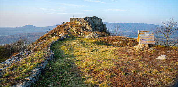 Kalich medieval castle ruins on the mountain summit. Used by Hussite movement army leader Jan Zizka of Trocnov. Trebusin village in Central Bohemian Uplands, Czech Republic