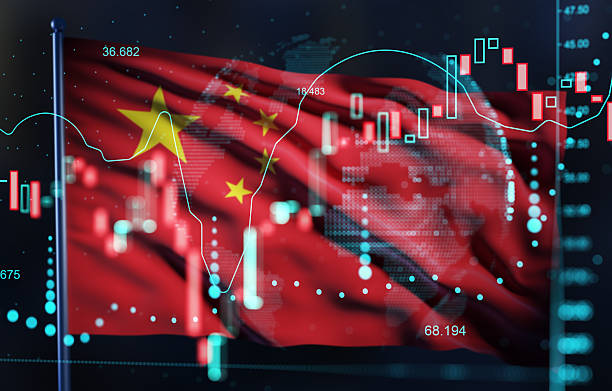 istock China flag with digital stock market chart and data visualization in double exposure financial concept illustration on dark background screen. 3D Rendering 2246931597