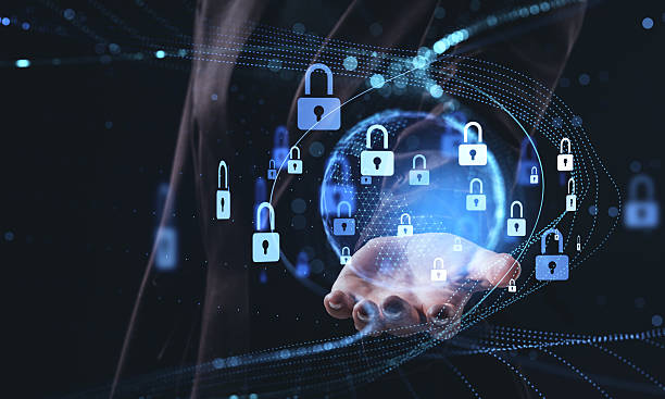 istock Cybersecurity concept with floating hologram padlocks above a human palm, symbolizing data protection and digital security technology network globe. 2246931718